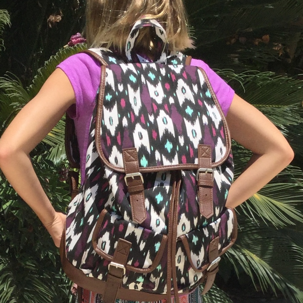 Canvas Backpack Brown Magenta Mint Ikat Print New